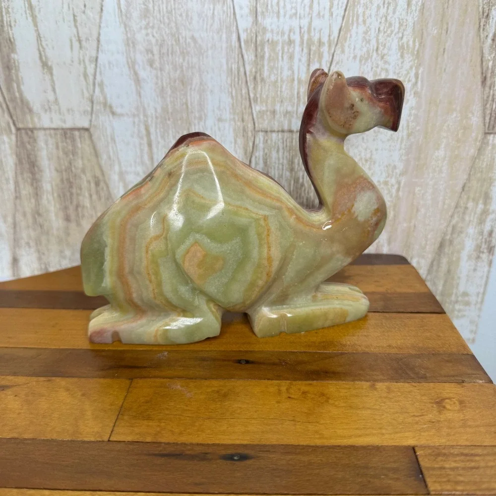 Vintage Hand Carved Onyx Marble Camel Figurine Paperweight Brown Green Stone